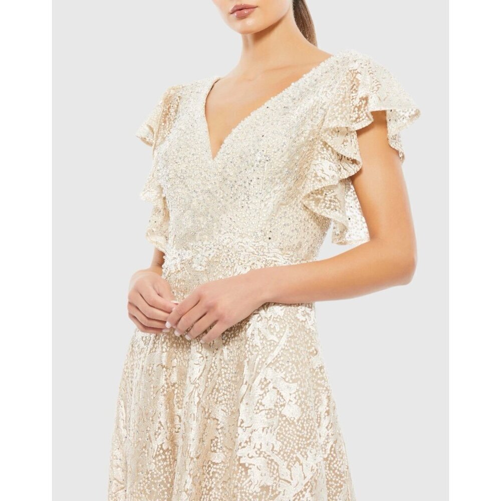 Mac Duggal Size 16 Ivory Nude Embellished Flutter Sleeve Lace A-Line Gown $798 - Picture 3 of 8